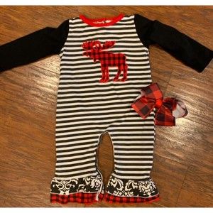 Holiday Buffalo Plaid Stripe One Piece Outfit Matching Hairbow Christmas 2T